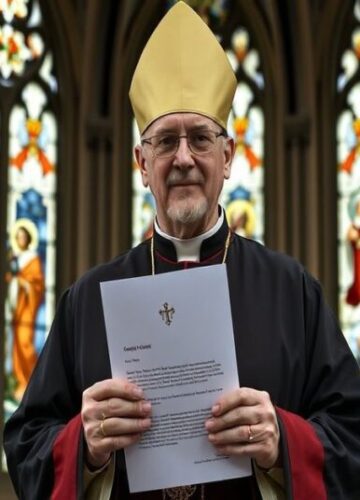 Biskup Feige przeciw AfD - Apostazja w Kościele posoborowym Portret biskupa Gerharda Feige w tradycyjnym katedrze katolickiej, trzymający list potępiający AfD, z kontrastującymi symbolami chrześcijańskimi i secularyzmu.