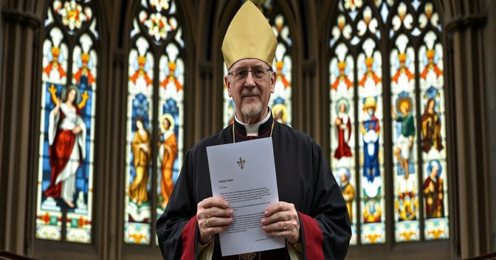 Portret biskupa Gerharda Feige w tradycyjnym katedrze katolickiej, trzymający list potępiający AfD, z kontrastującymi symbolami chrześcijańskimi i secularyzmu.