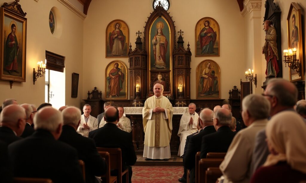 Zdjęcie przedstawiaje uroczyste zebranie Rady Konferencji Episkopatu Polski ds. Społecznych pod przewodnictwem biskupa Marciana Florczyka w tradycyjnym katolickim otoczeniu.