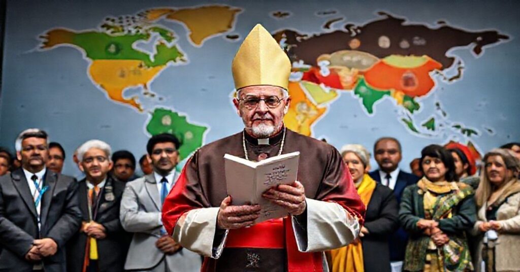 Katolicki biskup w tradycyjnych szatach liturgicznych stoi przed grupą liderów światowych i aktywistów podczas szczytu COP30 w Belem, Brazylia