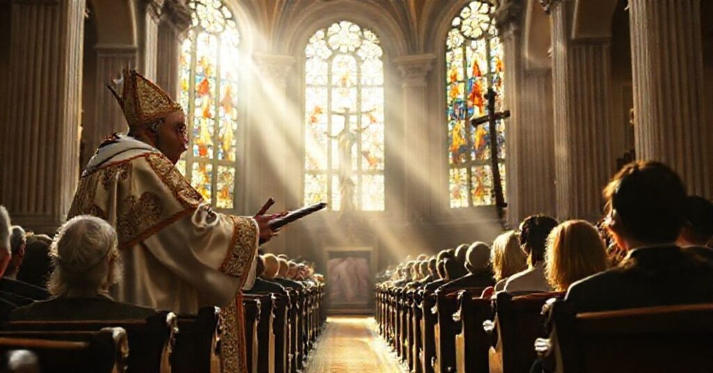 Tradycyjny katolicki biskup głosi kazanie w kościele o śmierci i zmartwychwstaniu