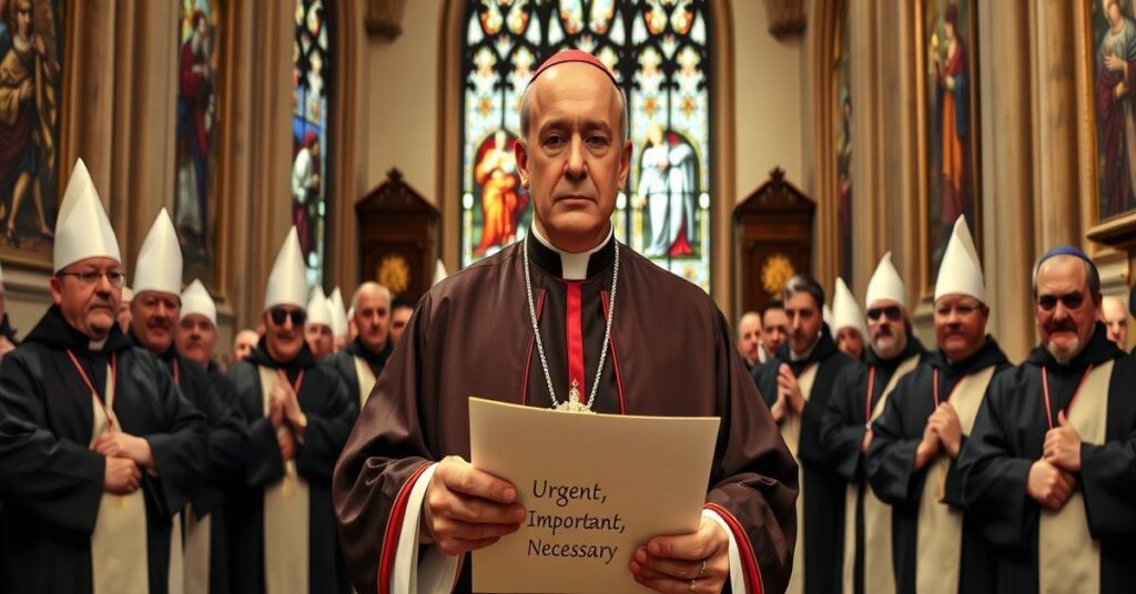 Biskup Gaspard Bébé Gnaba stoi przed zbuntowanymi księżmi w tradycyjnym kościele katolickim