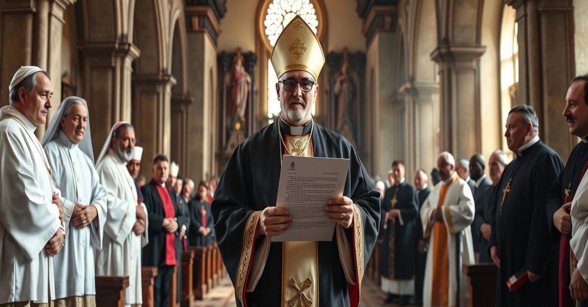 Biskup Gaspard Béby Gnèbë w katedrze katolickiej z listem wymagającym dyscypliny wśród duchowieństwa, podczas gdy moderniści obserwują niechętnie.