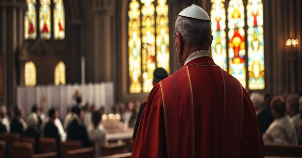 Tradycyjny biskup katolicki w stroju liturgicznym patrzy z niepokojem na ekumeniczne zgromadzenie z rabinem i innymi niekatolikami.