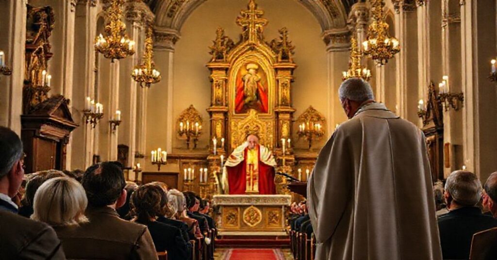 Wnętrze tradycyjnego kościoła w Żywcu podczas kazań "biskupa" Piotra Gregera o modernistycznym zniekształceniu dogmatu Wcielenia