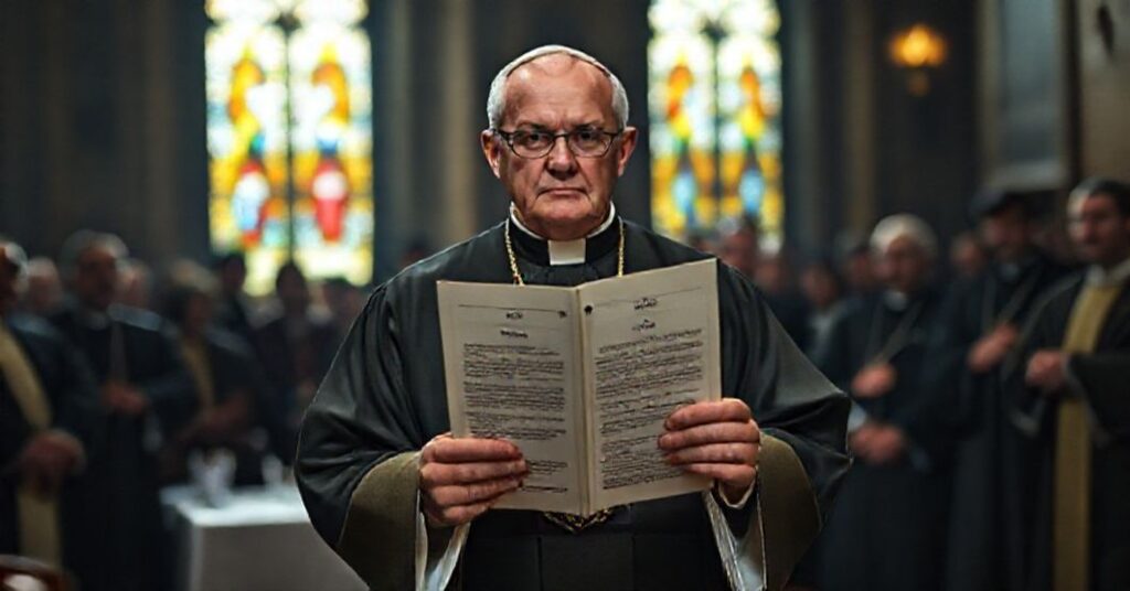 Prawdziwy katolicki biskup w tradycyjnych szatach liturgicznych stoi przed zgromadzeniem modernistycznych duchownych podczas podpisywania kontrowersyjnej karty ekumenicznej. Scena jest przyciemniona, z delikatnym światłem wychodzącym przez witraże.