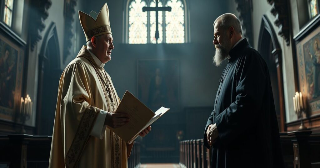 Wnętrze tradycyjnego kościoła z biskupem Kazimierzem Gurdą i suspendowanym księdzem Danielem Galusem w centralnych rolach.