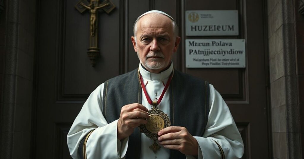 Stary katolicki biskup w liturgicznym stroju stoi przed zamkniętymi drzwiami kościoła z wyblakłym krzyżem. Trzyma fałszywy medal z napisem "Nagroda im. Romana Andrzejewskiego", w tle widać modernistyczne muzeum z napisem "Muzeum Polaków Ratujących Żydów". Scena jest smętna i poważna.