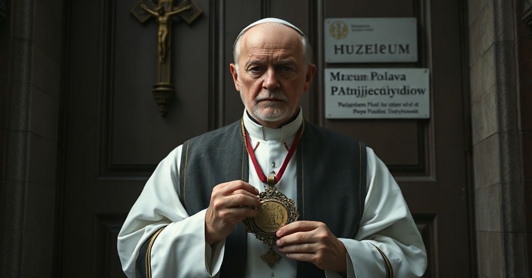 Stary katolicki biskup w liturgicznym stroju stoi przed zamkniętymi drzwiami kościoła z wyblakłym krzyżem. Trzyma fałszywy medal z napisem "Nagroda im. Romana Andrzejewskiego", w tle widać modernistyczne muzeum z napisem "Muzeum Polaków Ratujących Żydów". Scena jest smętna i poważna.