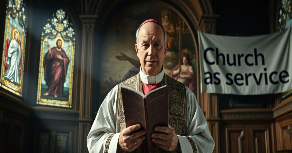 Biskup w tradycyjnych szatach liturgicznych stojący w barokowej kaplicy z witrażami przedstawiającymi Chrystusa Króla. Na tle zepsutego fresku Sądu Ostatecznego wiszy nowoczesny baner z napisem 'Kościół jako służba'.