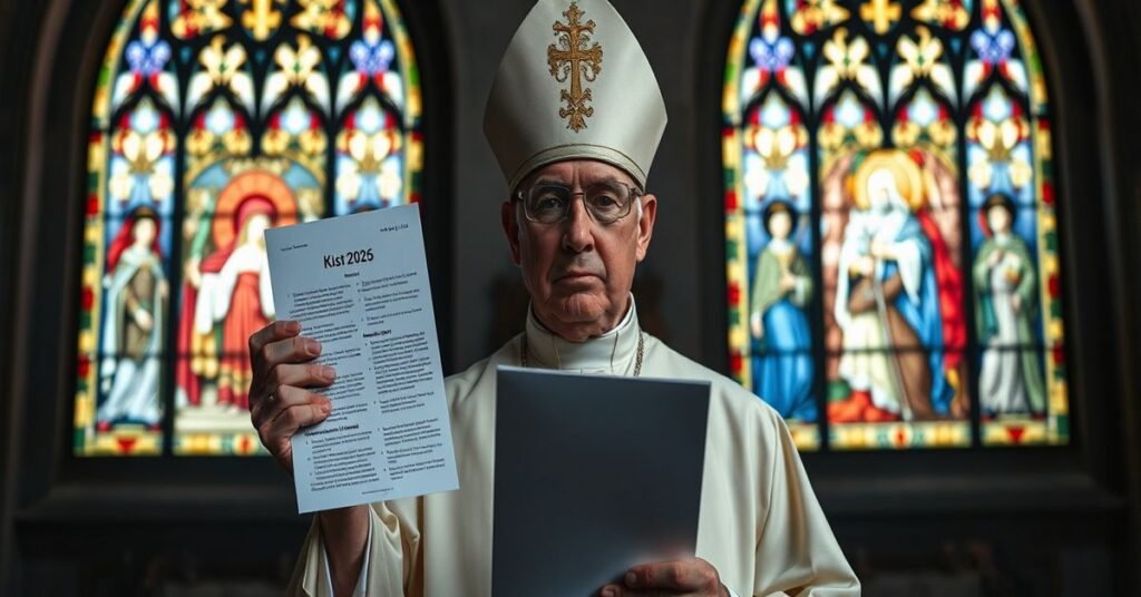Biskup w tradycyjnych szatach liturgicznych trzyma dokument KEP 2026 w historycznym polskim kościele.