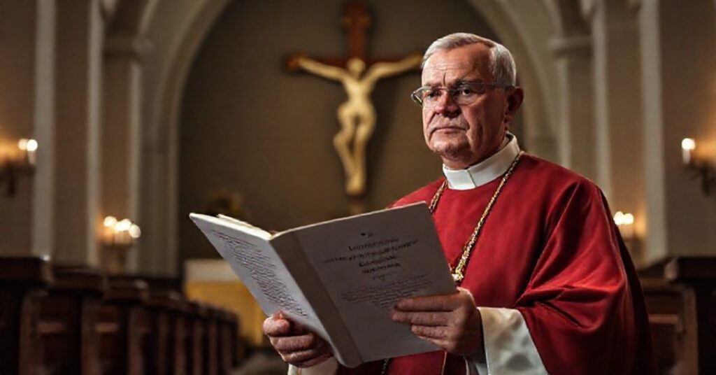 Biskup katolicki w tradycyjnych szatach liturgicznych trzyma raport Departamentu Zdrowia i Usług Społecznych (HHS) skrytykujący pediatryczne procedury odrzucania płci. Scena w kościele podkreśla powagę i moralne obawy.