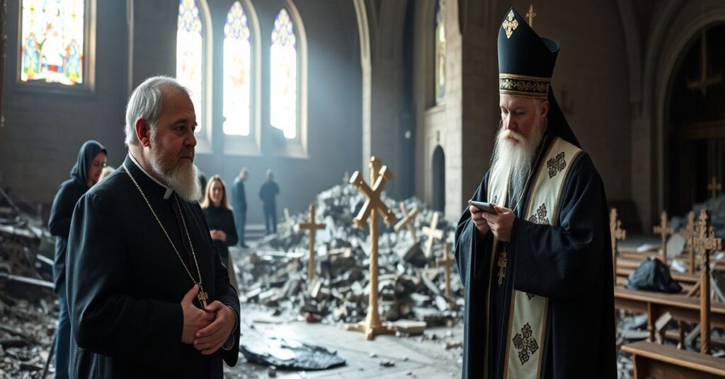 Biskup Paweł Honcharuk na konferencji "New York Encounter" w 2026 roku przed zniszczonym kościołem na Ukrainie