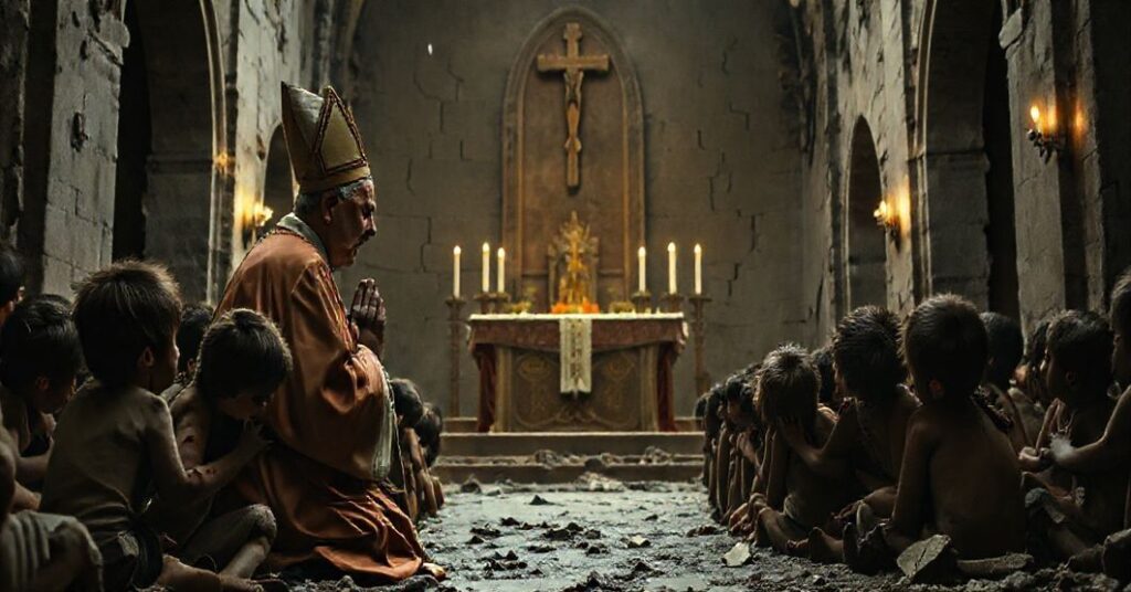 Tradycyjny katolicki biskup modli się w zniszczonym mieście Charków podczas rosyjskich bombardowań. Dzieci z widocznymi ranami otaczają go w scenie symbolizującej brak nadziei w Chrystusie Królu.