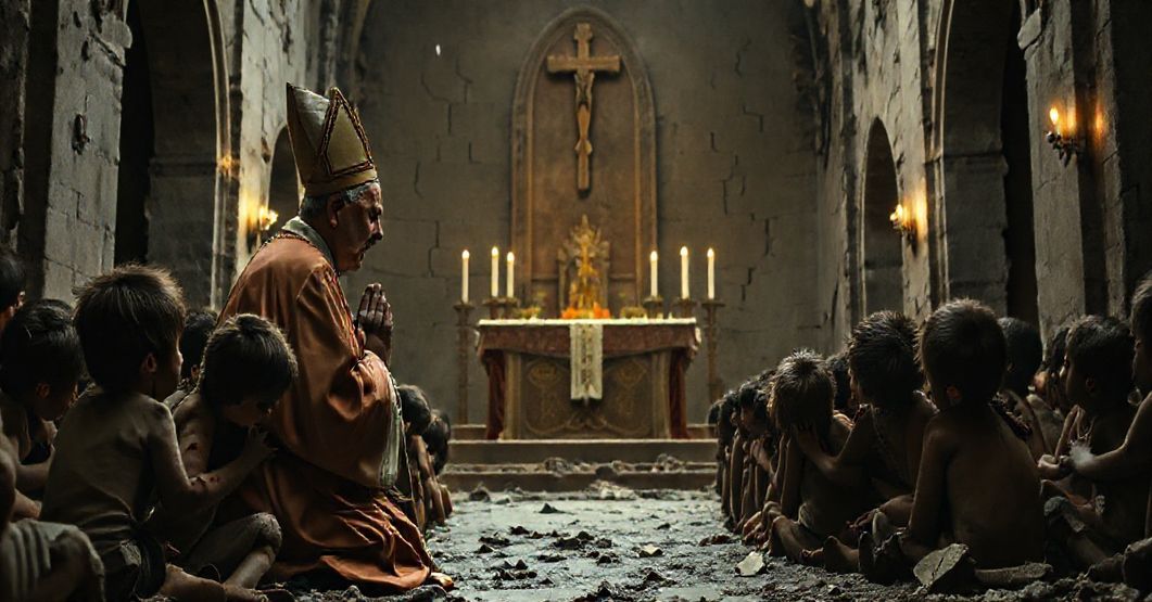 Tradycyjny katolicki biskup modli się w zniszczonym mieście Charków podczas rosyjskich bombardowań. Dzieci z widocznymi ranami otaczają go w scenie symbolizującej brak nadziei w Chrystusie Królu.