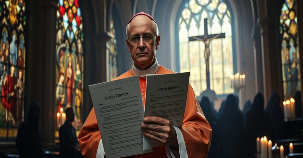 Biskup w tradycyjnym ornaty trzyma dokument Komisji Ekspertów w ciemnym kościele z witrażami przedstawiającymi pokutę i sprawiedliwość Bożą.