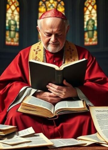 Biskup i zagrożenia modernizmu w Kościele Stary biskup w tradycyjnych szatach liturgicznych siedzi w ciemnej katedrze z biblią w rękach, otoczony rozrzuconymi książkami i dokumentami modernistycznymi.