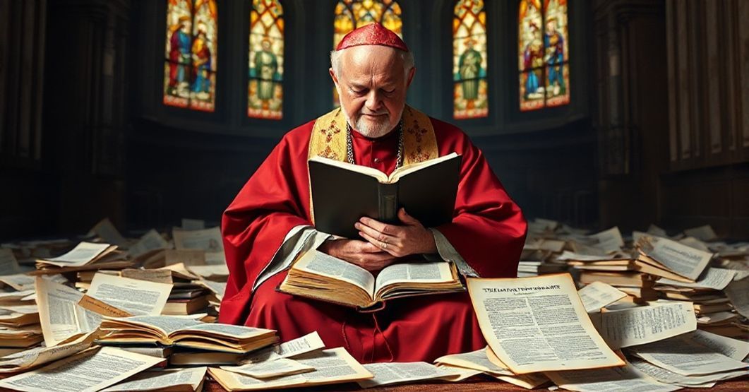 Biskup i zagrożenia modernizmu w Kościele Stary biskup w tradycyjnych szatach liturgicznych siedzi w ciemnej katedrze z biblią w rękach, otoczony rozrzuconymi książkami i dokumentami modernistycznymi.