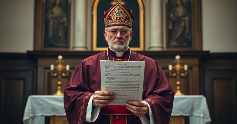 Biskup katolicki stoi przed ołtarzem, trzymając dokument ujawniający korupcję rządową, symbolizując walkę o panowanie Chrystusa Króla w apostackim państwie.