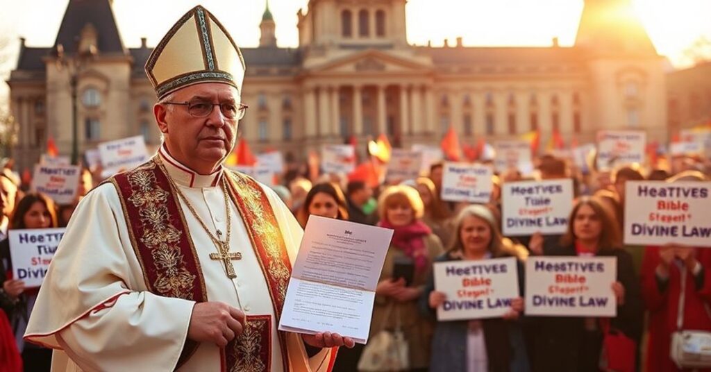 Biskup w tradycyjnych szatach kościelnych w obliczu tłumu protestujących z Bibliami przed budynkiem parlamentu Kanady