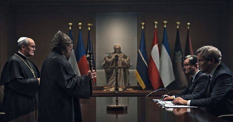 Biskup katolicki w pełnych liturgicznych szatach stoi wobec światowych przywódców w pokojowych negocjacjach.