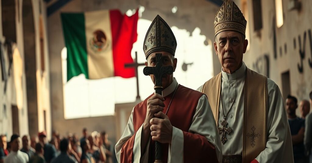 Czcigodny biskup w tradycyjnych szatach kapłańskich stojący przed zniszczonym ołtarzem kościelnym, trzymający krzyż. Na tle widoczna jest grupa Meksykanów w tradycyjnych strojach symbolizujących czas wojny cristeroską. Scena jest ożywiona delikatnym światłem naturalnym podkreślającym powagę i smutek. Biskup patrzy na widza z surowym wyrazem twarzy odzwierciedlającym temat artykułu krytykującym nowoczesne iluzję pokoju bez Chrystusa Króla.