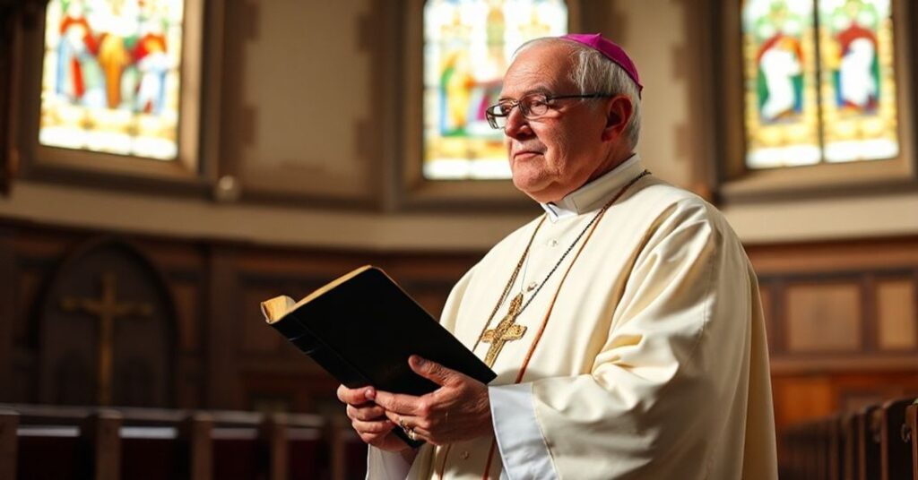 Tradycyjny katolicki biskup w liturgicznych szatach stoi w świątyni, trzymając Biblię, symbolizując obowiązek wdzięczności Bogu.