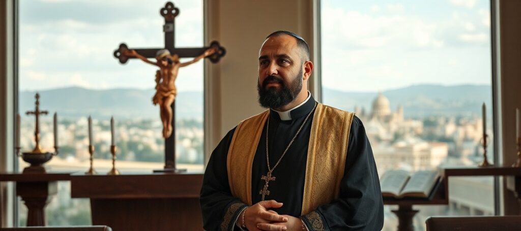 Biskup Iyad Twal w tradycyjnym katolickim otoczeniu z widokiem na Jordanię i Izrael