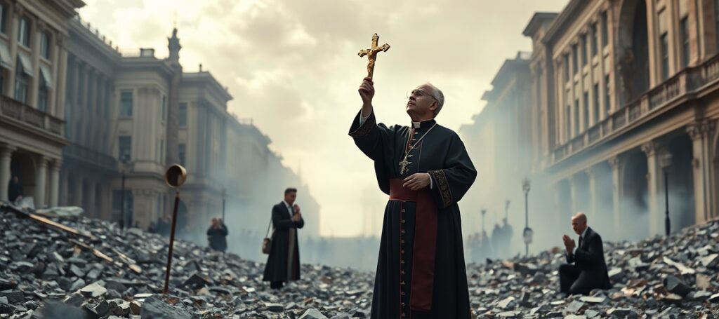 Biskup wzywający do modlitwy wśród ruin Kijowa po rosyjskim ataku rakietowym — krytyka humanitaryzmu jako substytutu wiary katolickiej w czasach apostazji posoborowej