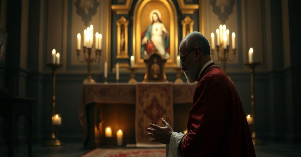 Portret Biskupa Jerzego Matulewicza w modlitwie przed tradycyjnym ołtarzem z obrazem Najświętszego Serca Jezusa. Scena podkreśla konflikt między autentyczną katolicką pobożnością a modernistycznymi deformacjami.