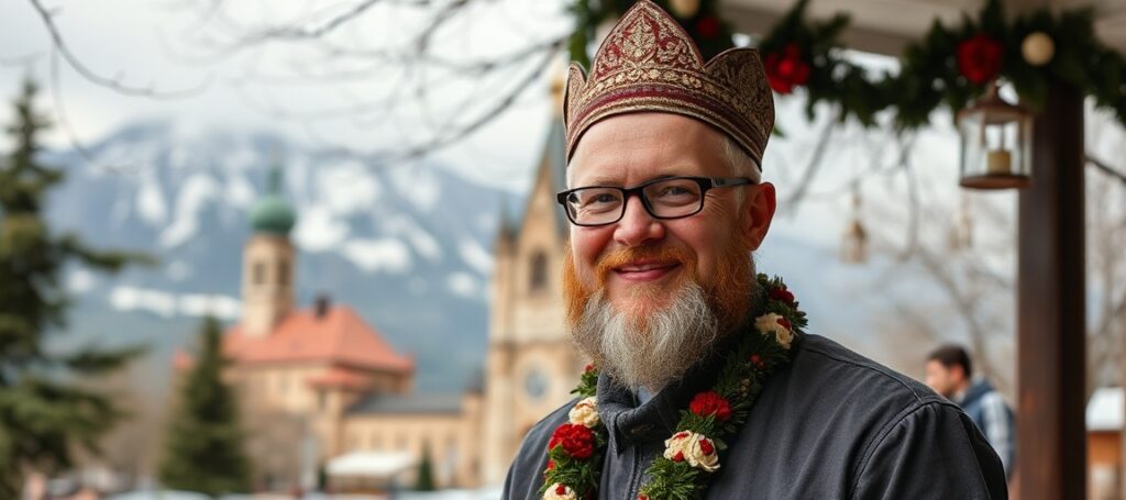 Biskup Andrzej Jeż w ornaty przed Jasną Górą trzymający kopię Konstytucji RP, symbolizujące obronę małżeństwa.