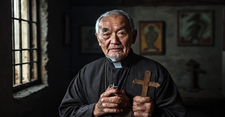 Portret biskupa Juliusa Jia Zhiguo w podziemnym kościele w Chinach, symbolizujący męczeństwo i opór wobec prześladowań komunistycznych.