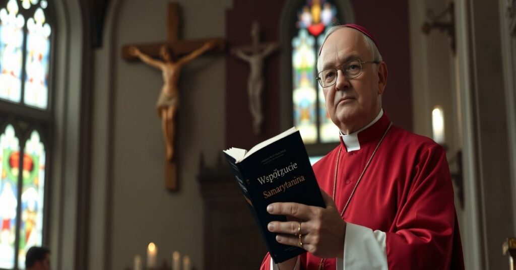 Biskup w tradycyjnym ornaty stoi przed krzyżem z oknami witrażowymi w kościele, trzymając książkę o współczuciu bez Chrystusa.