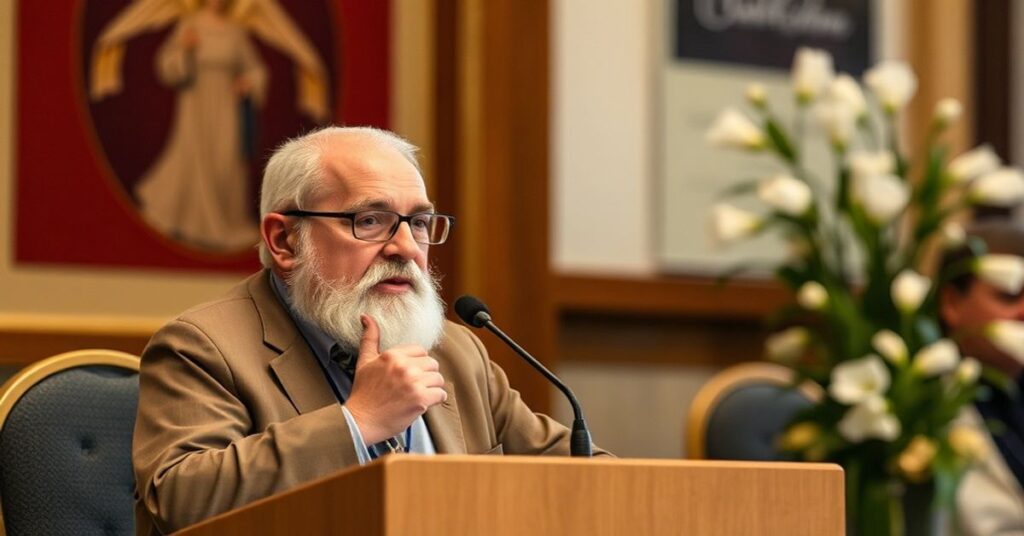 Biskup Romuald Kamiński podczas konferencji prasowej przed Światowym Dniem Chorego przedstawia humanistyczną wizję opieki nad chorymi.