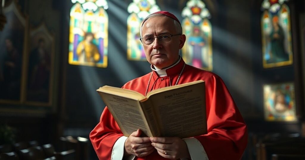 Biskup w tradycyjnych szatach liturgicznych trzyma kopię encykliki Summi Pontificatus w kaplicy pełnej sztuki sakralnej. Jego poważny wyraz symbolizuje krytykę moralną współczesnej polityki międzynarodowej z punktu widzenia katolickiej nauki