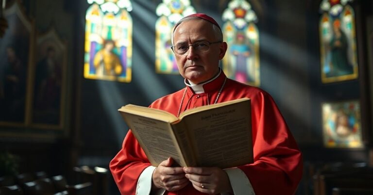 Biskup w tradycyjnych szatach liturgicznych trzyma kopię encykliki Summi Pontificatus w kaplicy pełnej sztuki sakralnej. Jego poważny wyraz symbolizuje krytykę moralną współczesnej polityki międzynarodowej z punktu widzenia katolickiej nauki