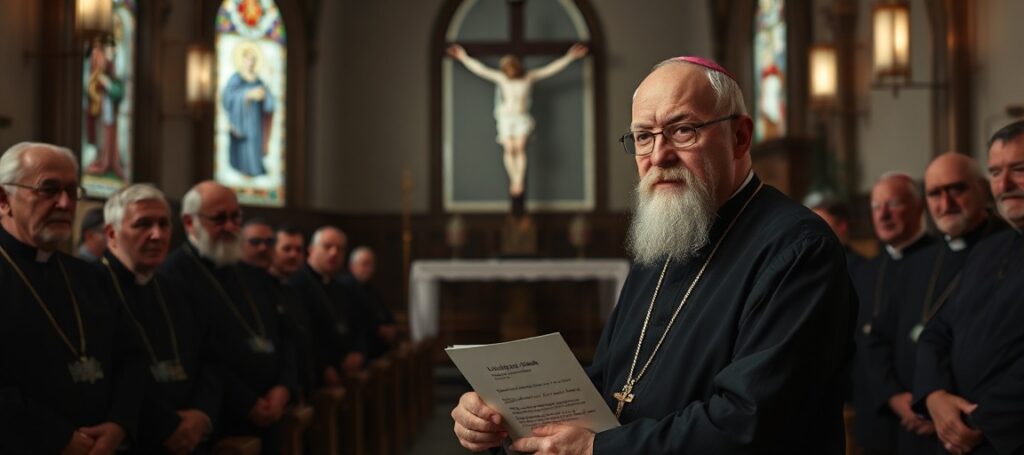 Biskup Aleksander Kaszkiewicz z Grodna w tradycyjnym kościele katolickim z elementami modernistycznymi w tle.