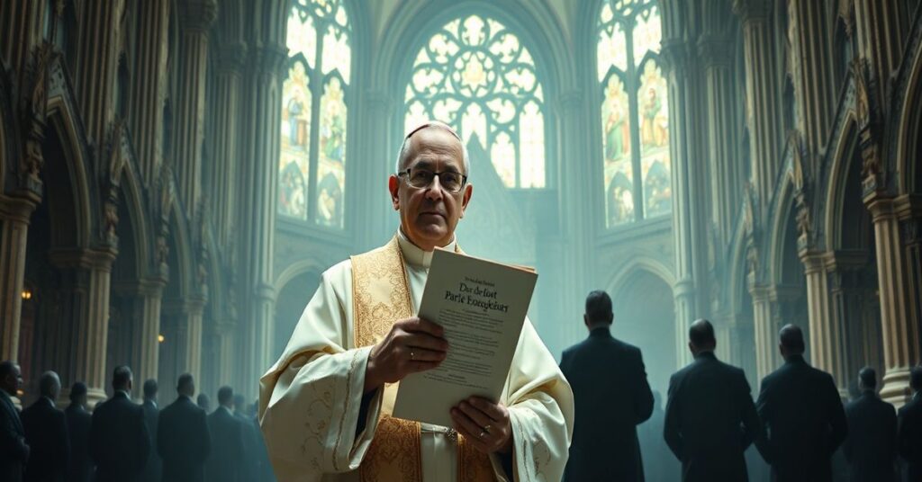 Biskup w tradycyjnych szatach liturgicznych trzyma encyklikę "Quas primas" przed gotycką katedrą z cieniutkimi postaciami elity z Davos na tle