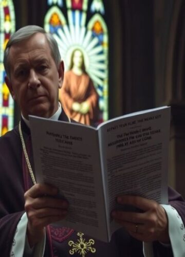 Biskup w katedrze z raportem Senatu o ryzyku udaru po szczepieniu COVID-19 Biskup w tradycyjnym ornaty trzyma raport Senatu o ryzyku udaru po szczepieniu COVID-19 w katedrze z witrażem przedstawiającym Chrystusa Króla.