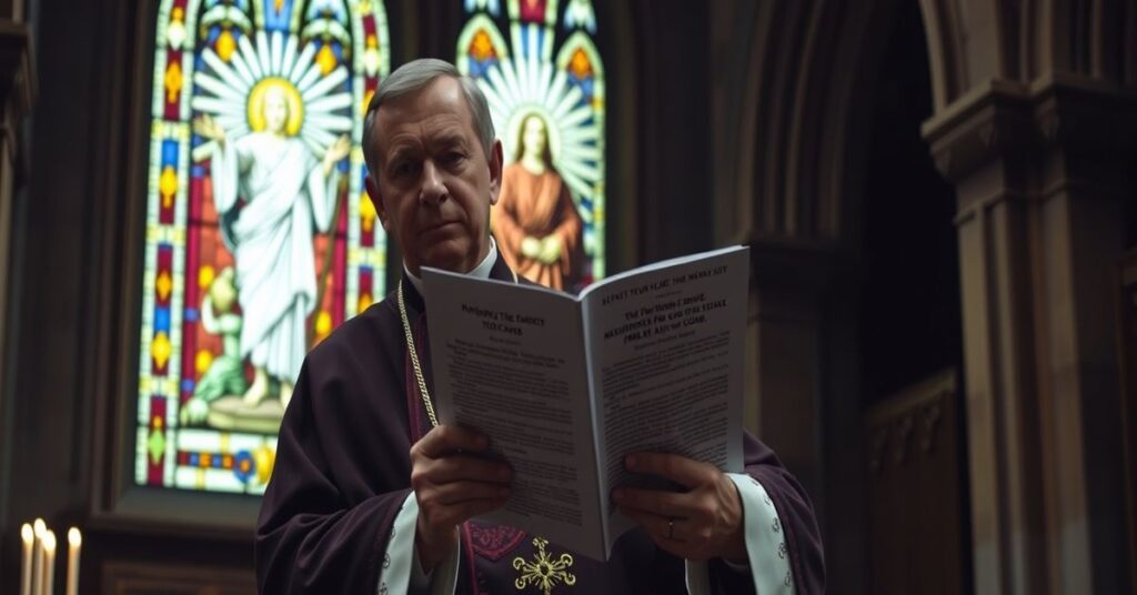 Biskup w tradycyjnym ornaty trzyma raport Senatu o ryzyku udaru po szczepieniu COVID-19 w katedrze z witrażem przedstawiającym Chrystusa Króla.