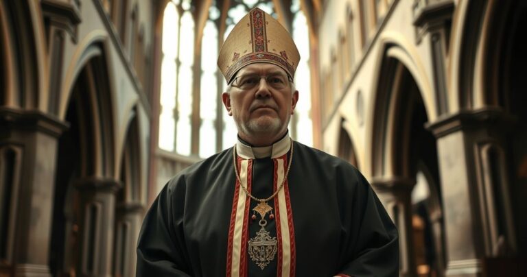 Realistyczne zdjęcie starszego biskupa w tradycyjnym stroju w katedrze, wyrażający powagę i refleksję nad współczesnymi problemami Kościoła z perspektywy sedevacantistycznej