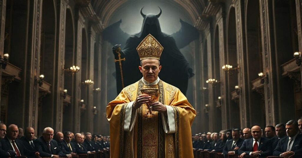 Katedralny wizerunek biskupa katolickiego trzymającego monstrancję z Najświętszym Sakramentem wobec ciemnych sił antychrysta wśród współczesnych przywódców.