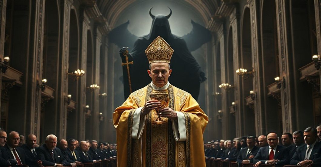 Katedralny wizerunek biskupa katolickiego trzymającego monstrancję z Najświętszym Sakramentem wobec ciemnych sił antychrysta wśród współczesnych przywódców.