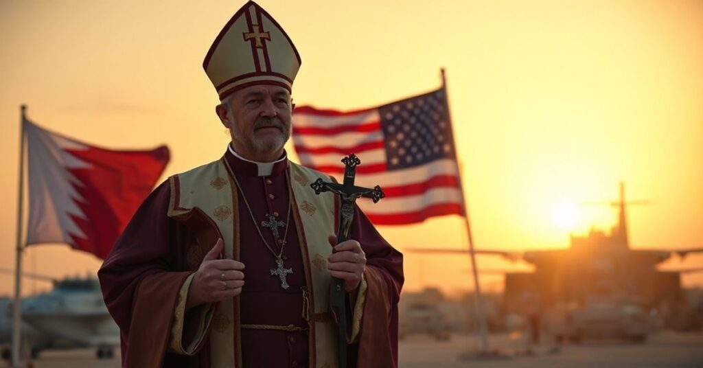 Biskup katolicki w pełnym stroju liturgicznym przed wojskową bazą w Katarze