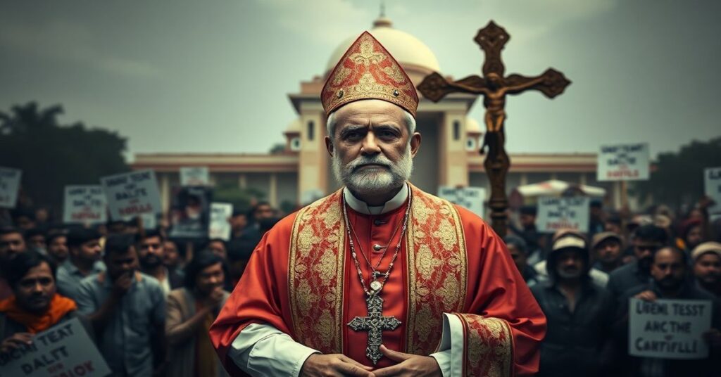 Biskup katolicki w tradycyjnych szatach liturgicznych przed tłumem chrześcijan dalitów z transparentami przed Sądem Najwyższym Indii z krzyżem na tle.