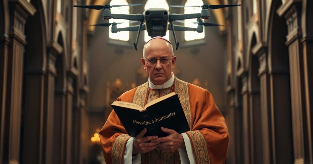 Biskup katolicki w tradycyjnych szatach liturgicznych trzyma książkę z napisem 'Magnifica humanitas' przed wojskowym dronem symbolizującym zagrożenie sztucznej inteligencji w wojnie.