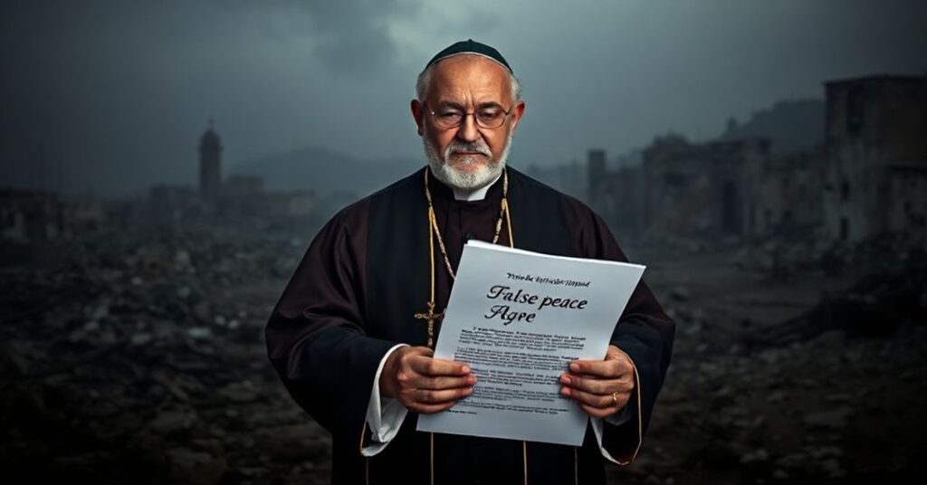 Biskup katolicki w tradycyjnych szatach stoi przed zniszczoną Gazą trzymając krzyż i dokument o fałszywym pokoju