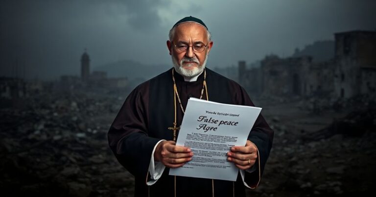 Biskup katolicki w tradycyjnych szatach stoi przed zniszczoną Gazą trzymając krzyż i dokument o fałszywym pokoju