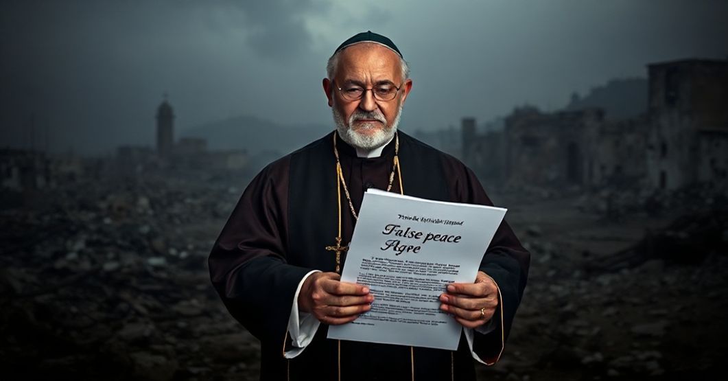 Biskup katolicki w tradycyjnych szatach stoi przed zniszczoną Gazą trzymając krzyż i dokument o fałszywym pokoju