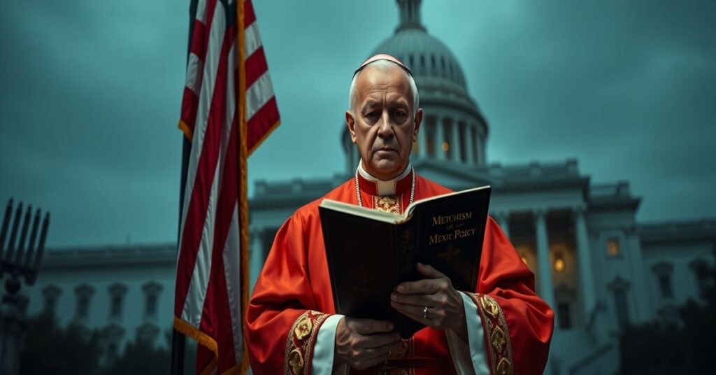 Tradycyjny biskup katolicki w ornacie liturgicznym przed flagą Stanów Zjednoczonych, trzymający Kodeks Prawa Kanonicznego, z poważnym wyrazem twarzy.